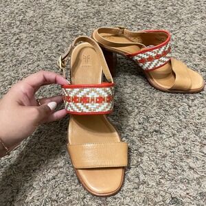 Frye Women Woven Leather Block Heel Sandals Orange Tan Size 10M Classy Boho